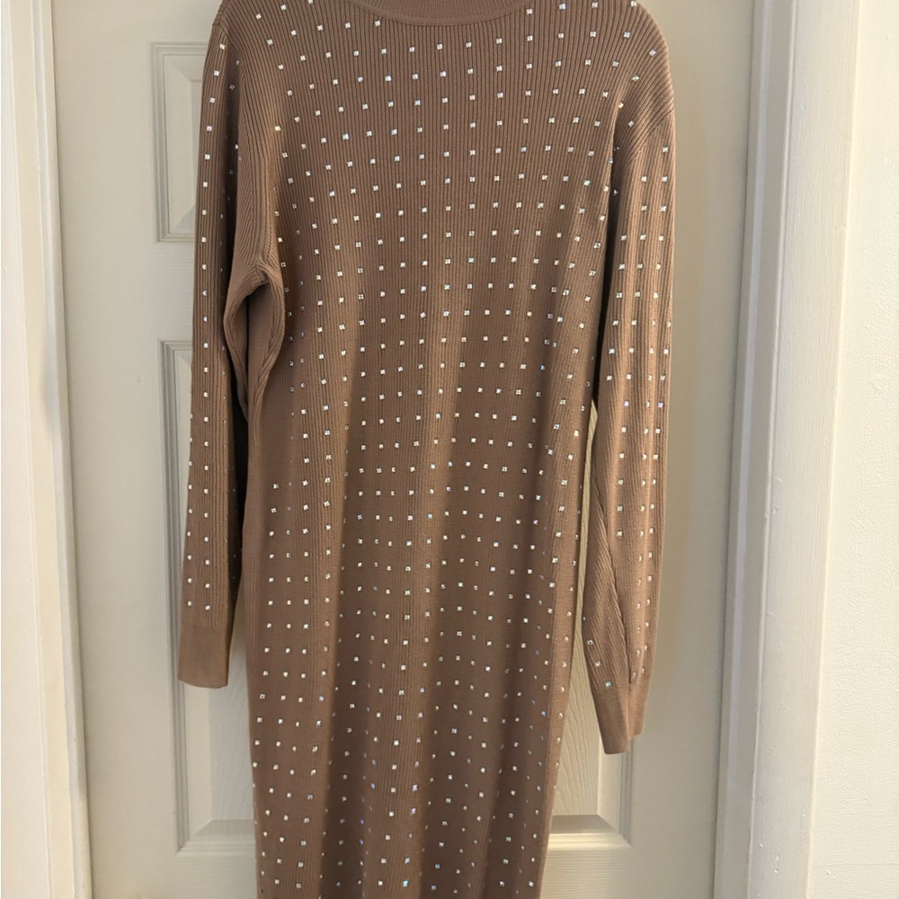 Elegant Tan Sweater Dress with Rhinestone Accents